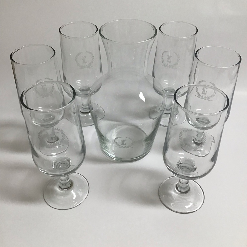 Letter L Monogram Wine Decanter Carafe 6 Glasses SET Etched Clear Glass Barware